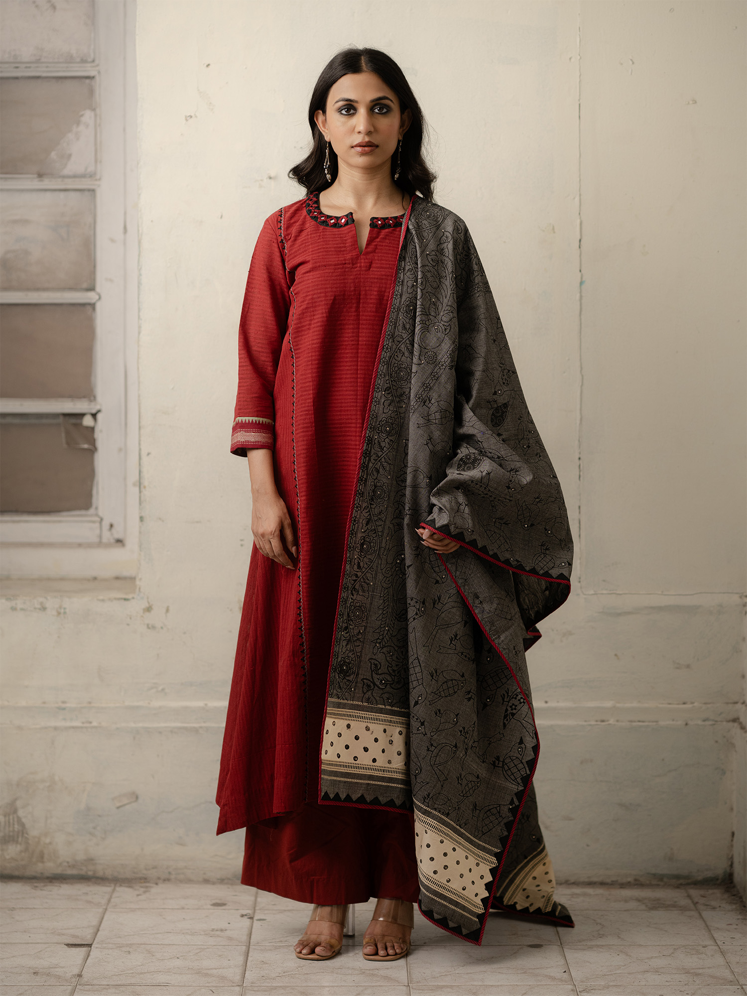 Maroon Hand-Woven Cotton Kurti with Mirror Embroidery and Sequinned Dupatta