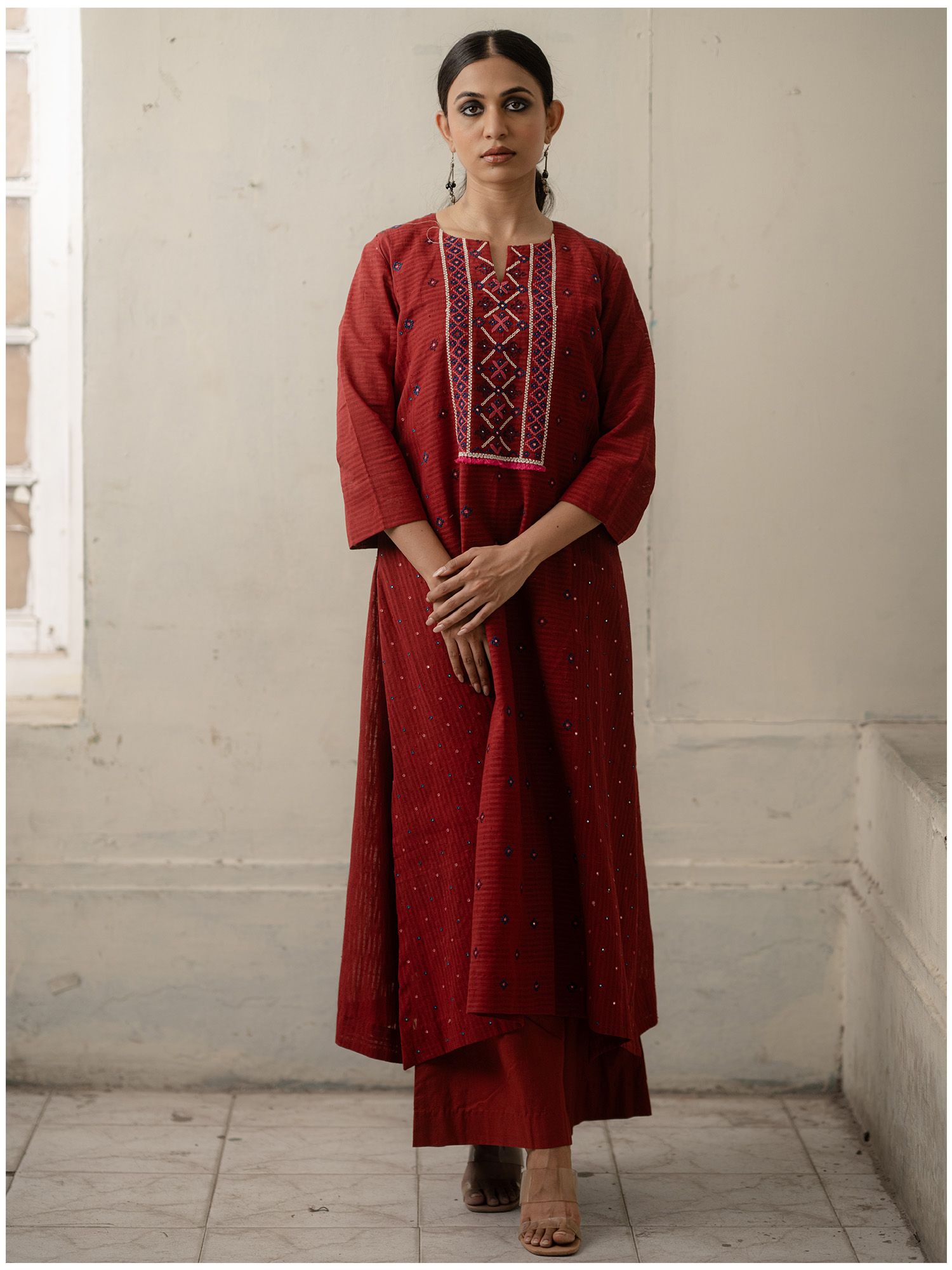 Maroon Hand-Woven Cotton Mirror Work and Embroidered Kurti with Pants.