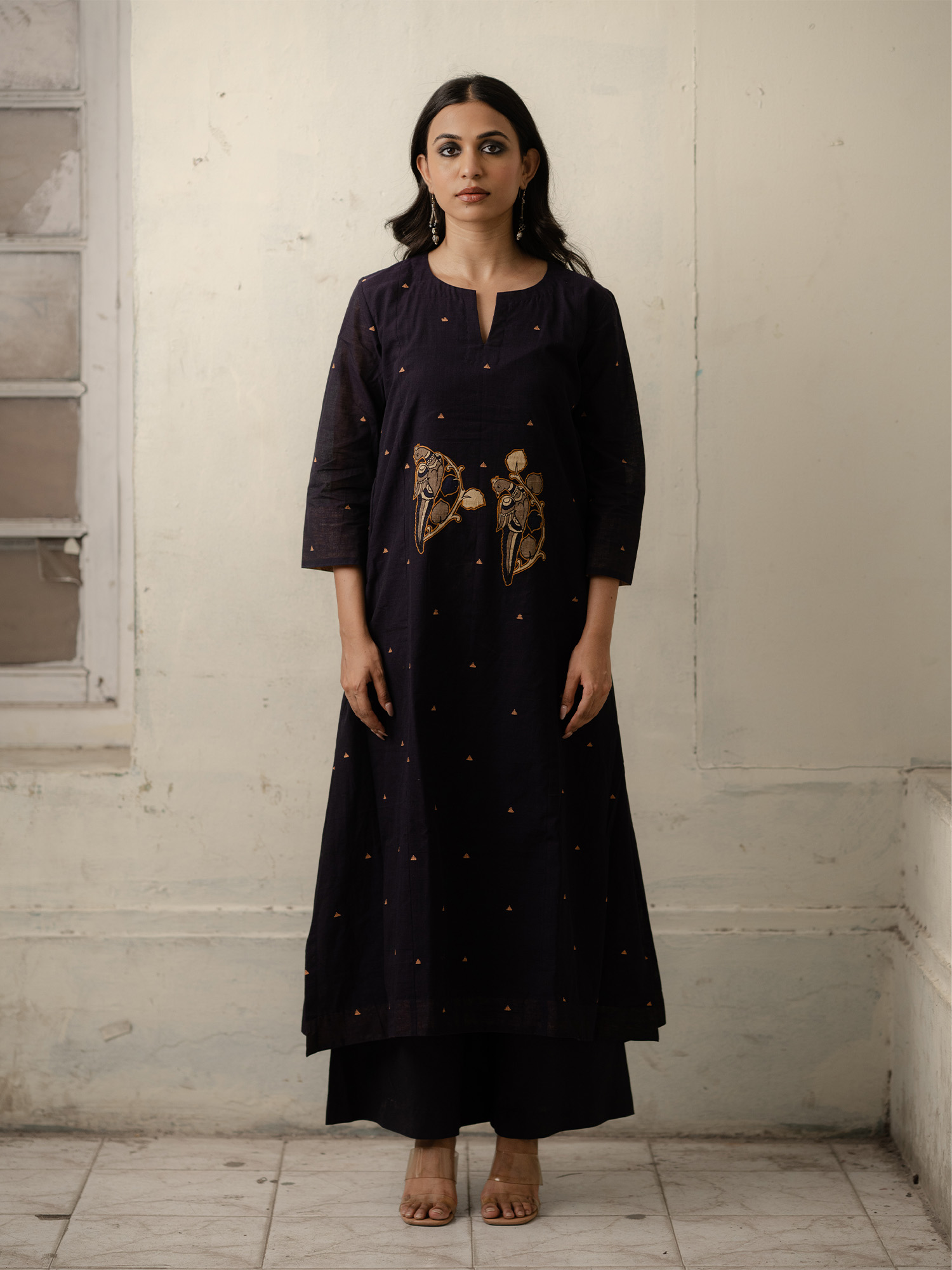 Navy Blue Hand-Woven Cotton Kurti and Pants Set with Motifs of Patchwork