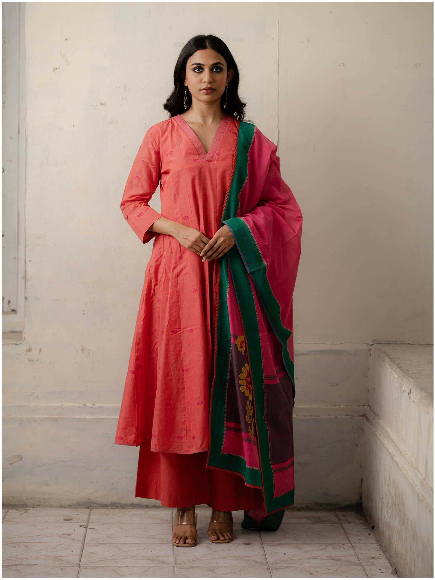Peach Hand-Woven Cotton Kurti and Pants with Dupatta Featuring Ethnic Patchwork