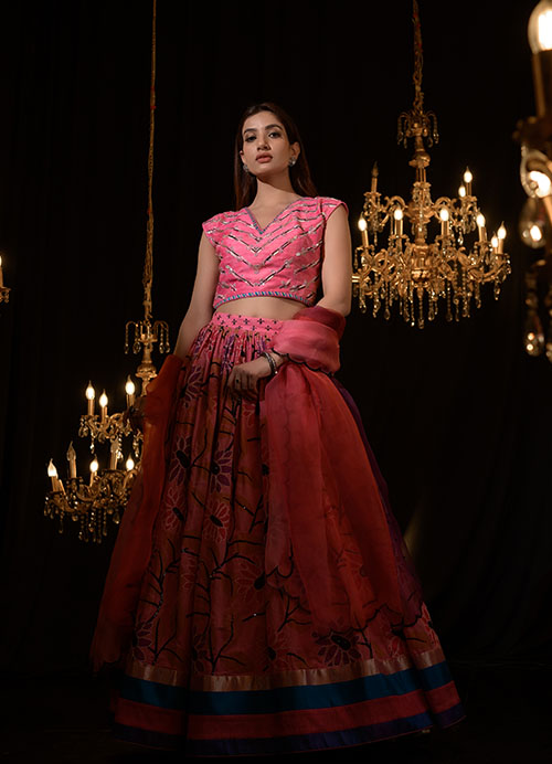 Hand Embroidered printed Lehenga with Blouse and Shaded Organza Dupatta