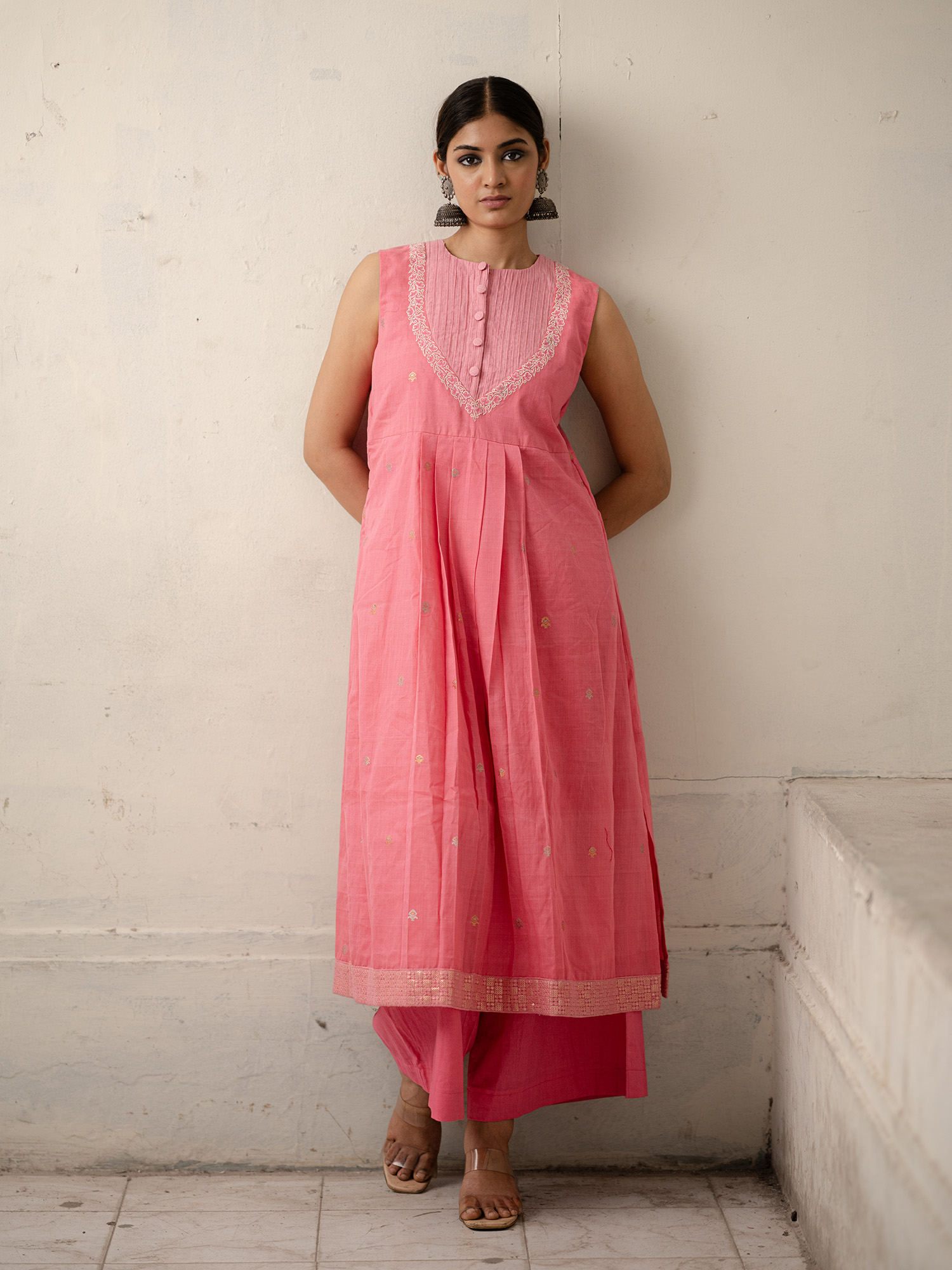 Pink Hand-Woven Cotton Kurti with Embroidery with Pants