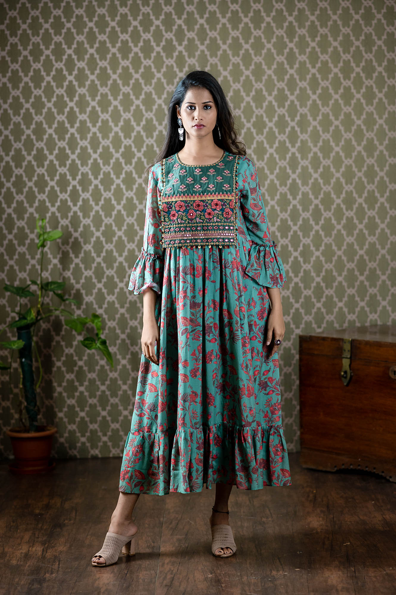 Printed mull cotton dress with thread mirror and sequin embroidery