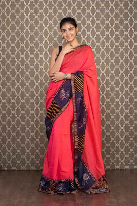 Red Handloom Cotton Saree with Batiq Printed Border