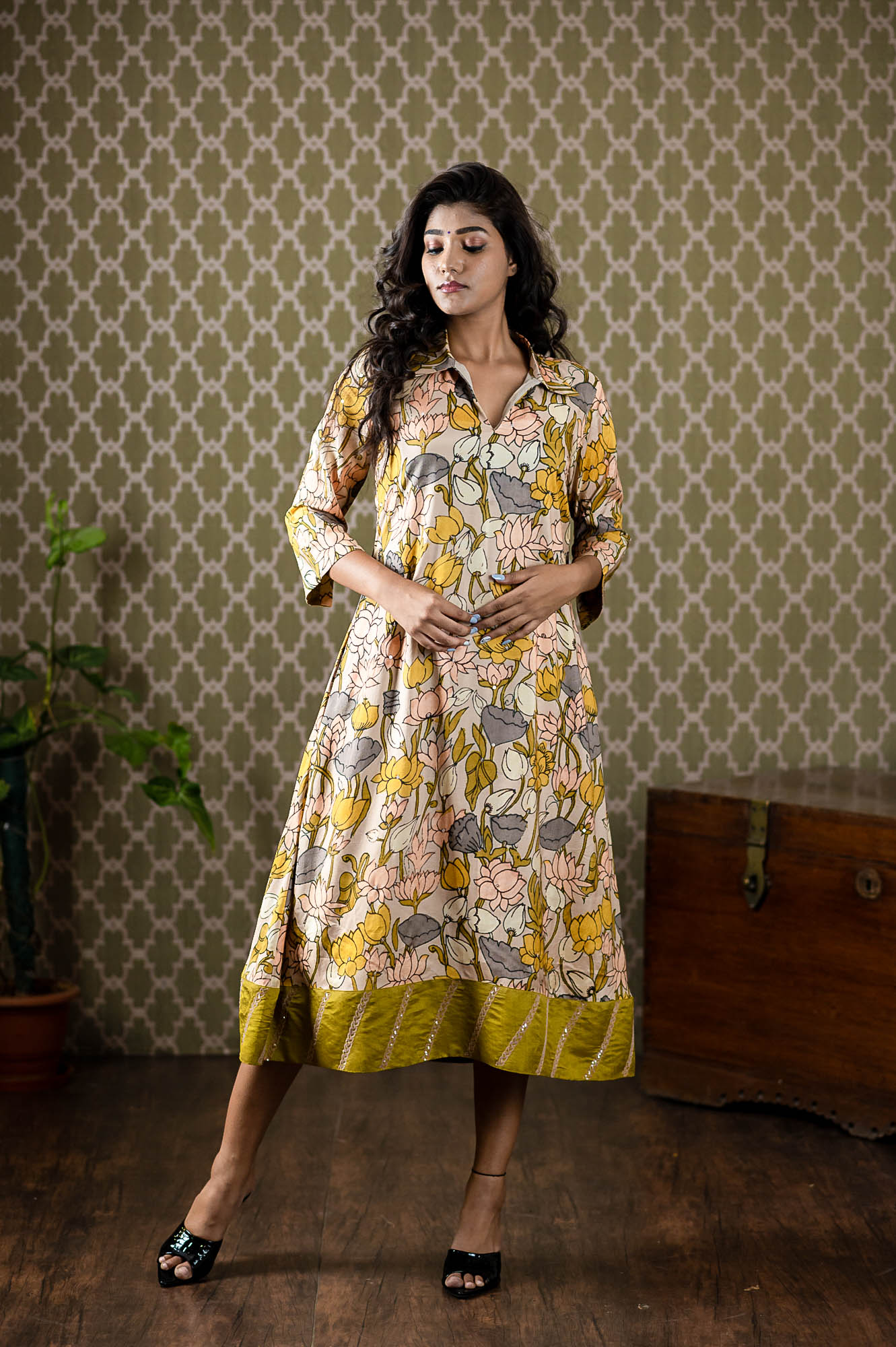 Satin printed  dress with embroidery