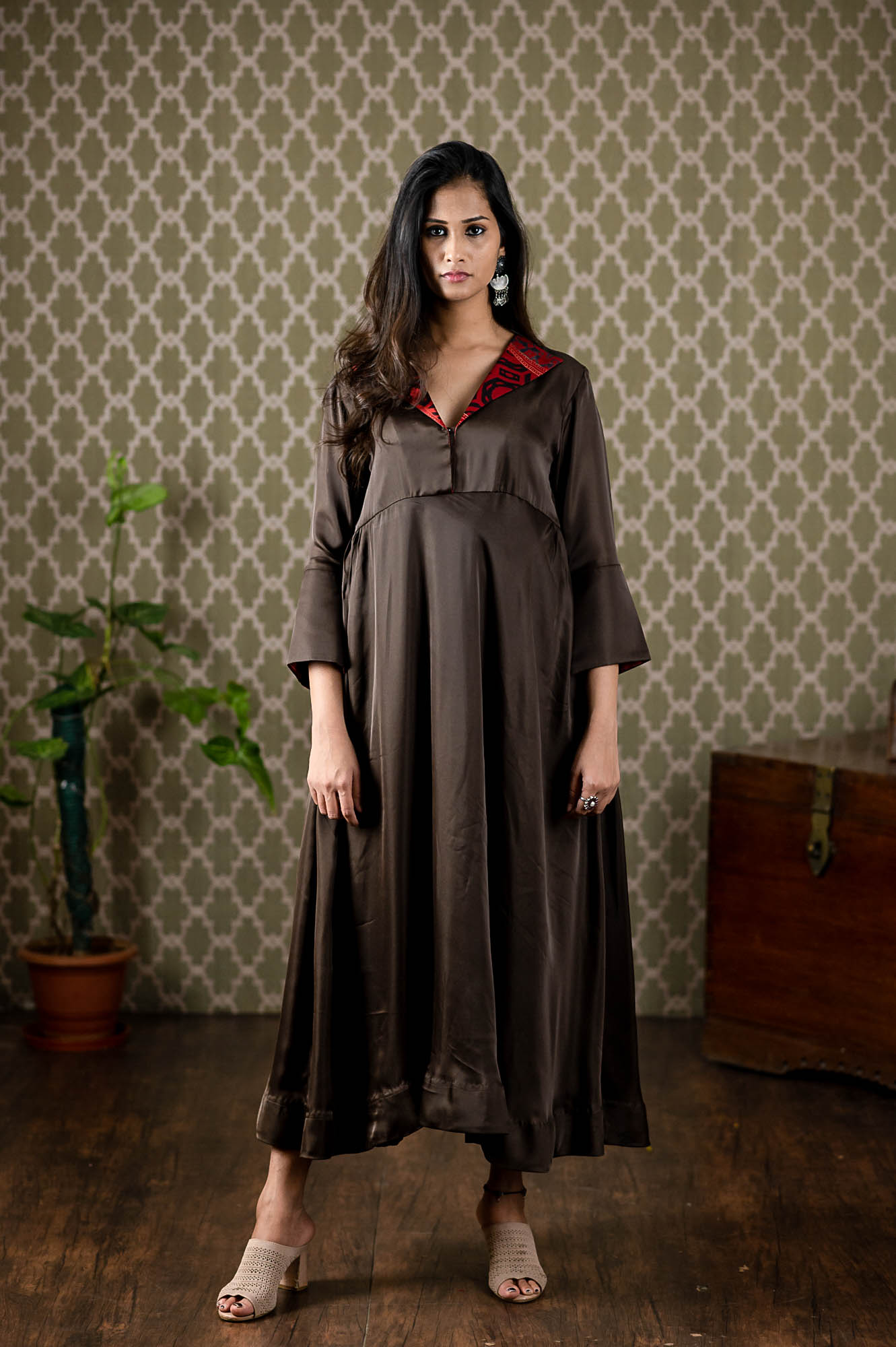 Satin silk pattern dress with ajrakh printed collar