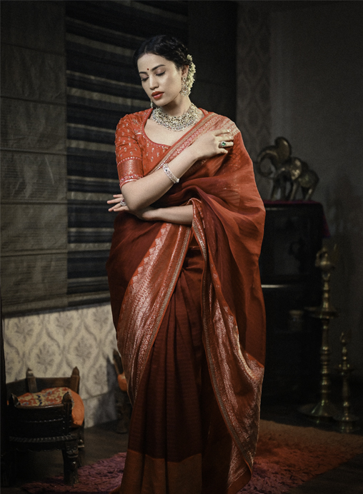 The Splendid Grandeur of a Red Kora Banarasi Saree