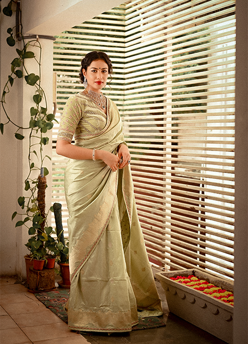 Light Green Banarasi Weave with Zari Border Fit for Royalty