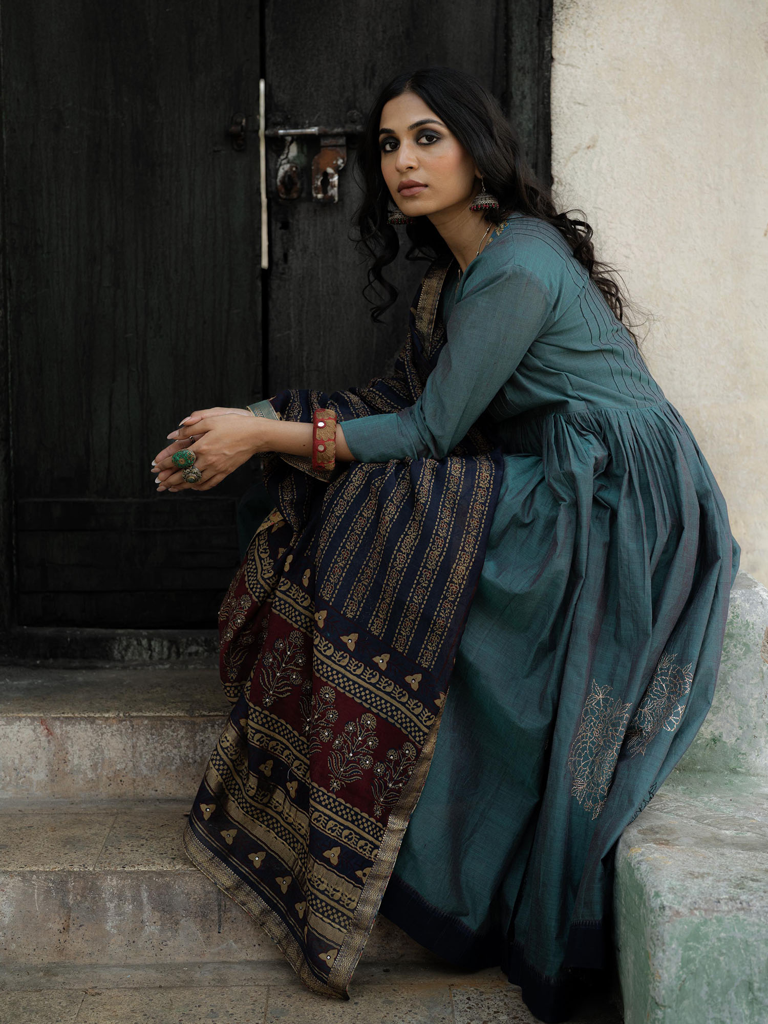 Turquoise Blue Handwoven Cotton Kurti with Thread Work, Dupatta