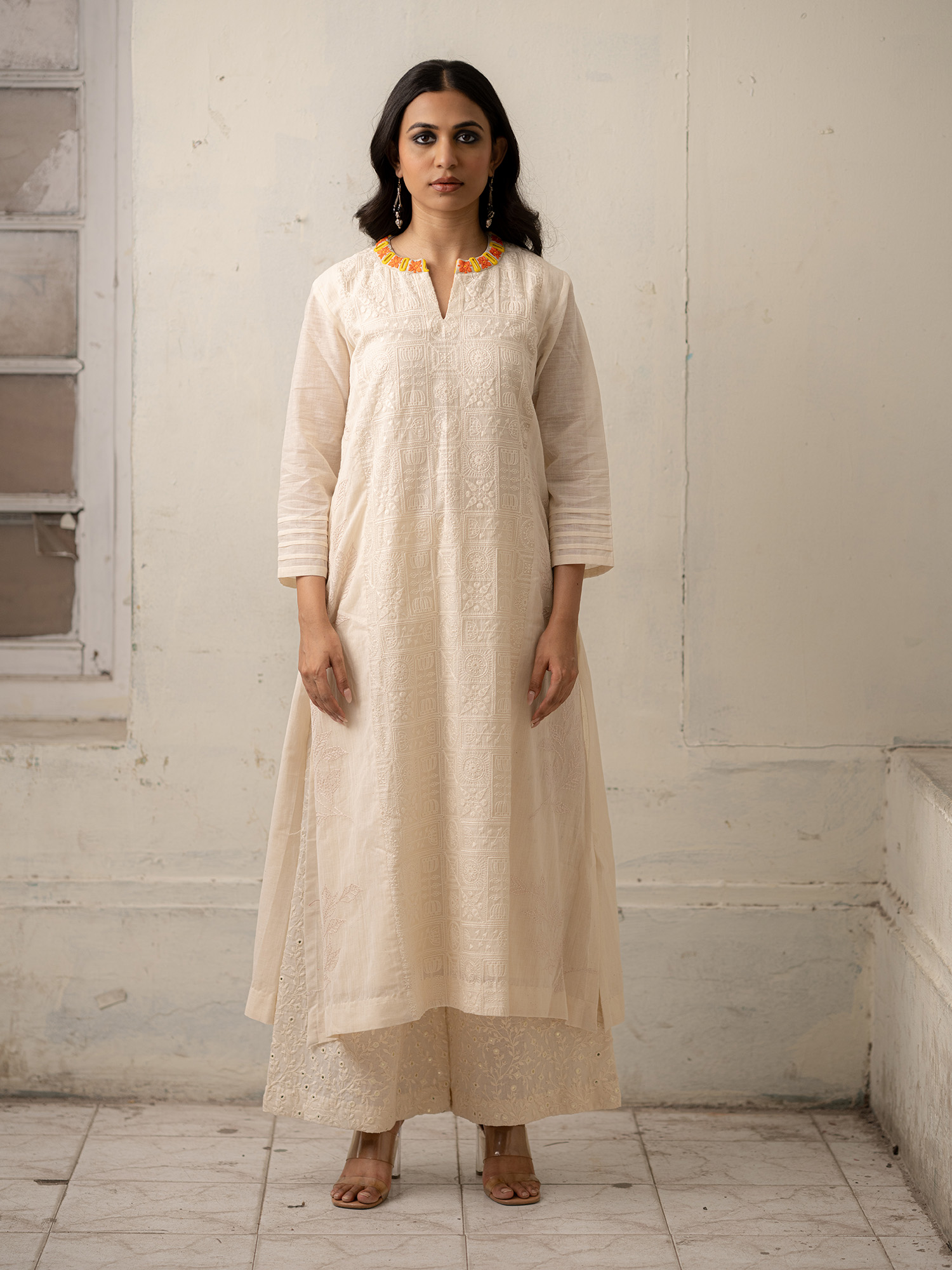White Chanderi Hand-Woven Cotton and Khadi Kurti and Pants with Embroidery