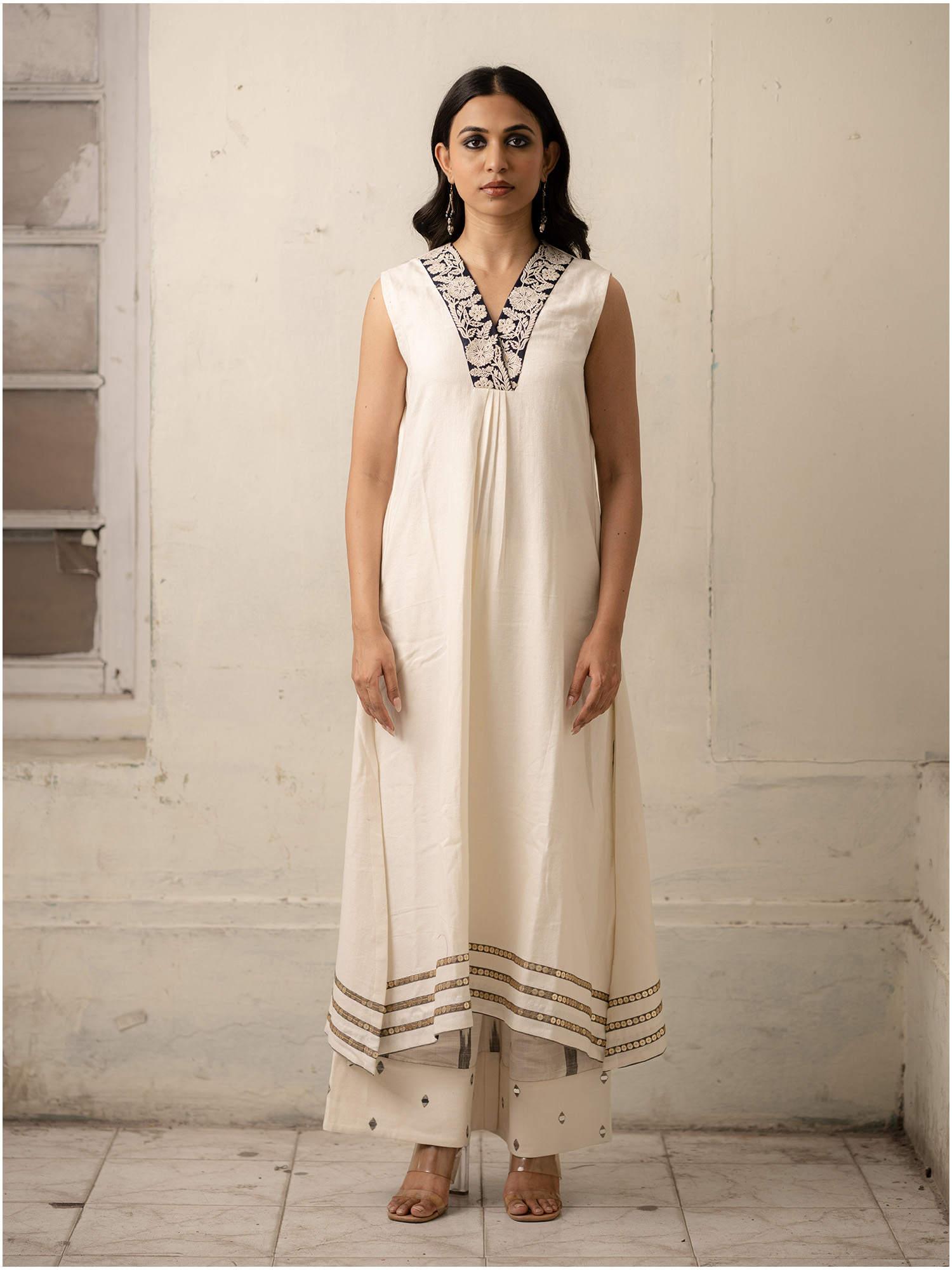 White Hand-Woven Cotton Kurti with Sequins, Embroidery with Pants