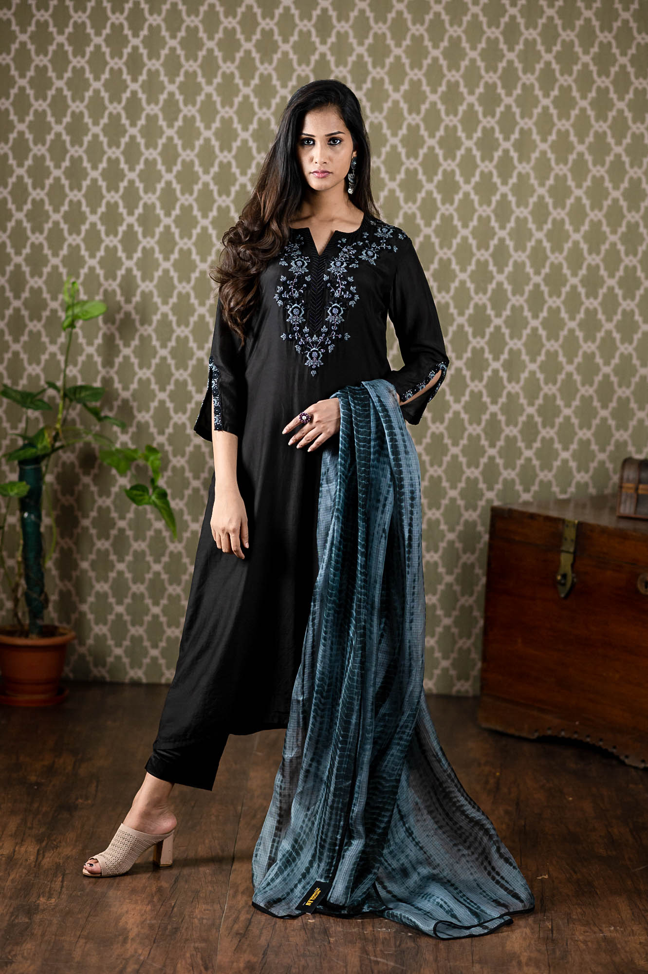 black top with thread and beads embroidery paired up with  Kota dupatta and stretchable pants