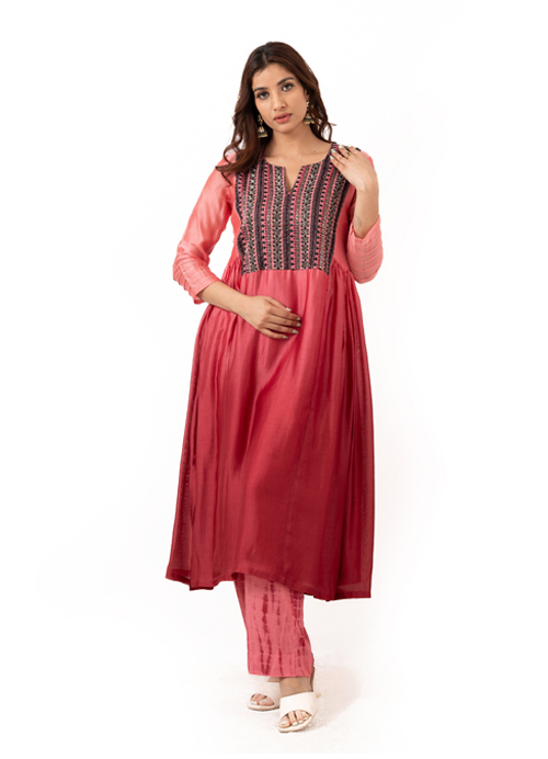 Chanderi silk top with cut dana embroidery patchwork with tie dye pants