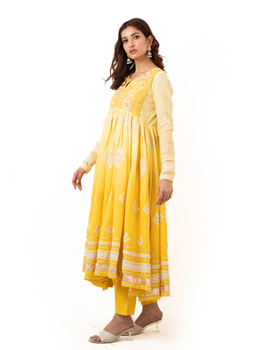 cotton doria ombre effect gathered dress with gota patti work paired with stretchable pants