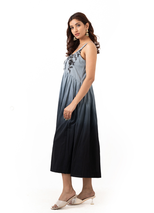 Hand woven cotton ombre shaded dress with sequin, thread embroidery