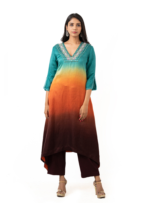 Ombre shaded and embroidered chanderi dress with straight cut pants