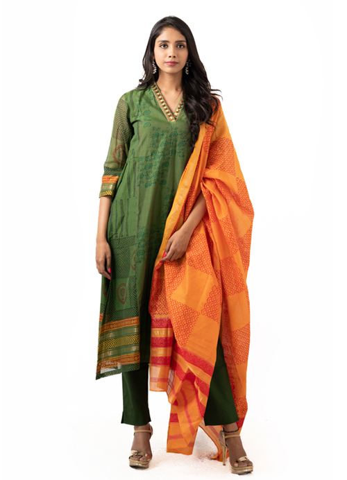 Maheshwari cotton printed dress with dupatta and stretchable pants