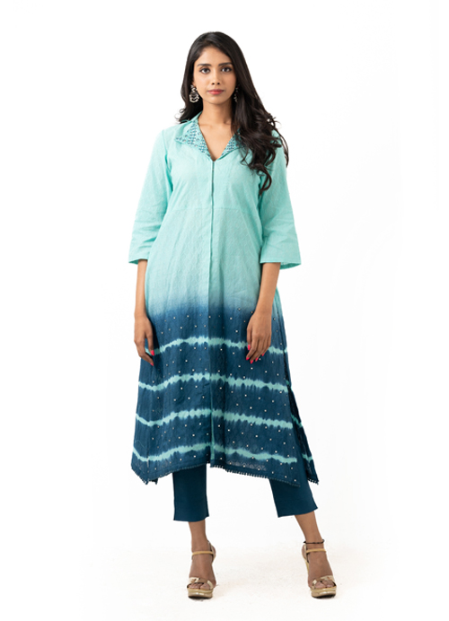 self textured  tie dye kurta with mirror and thread embroidery paired with stretchable pants