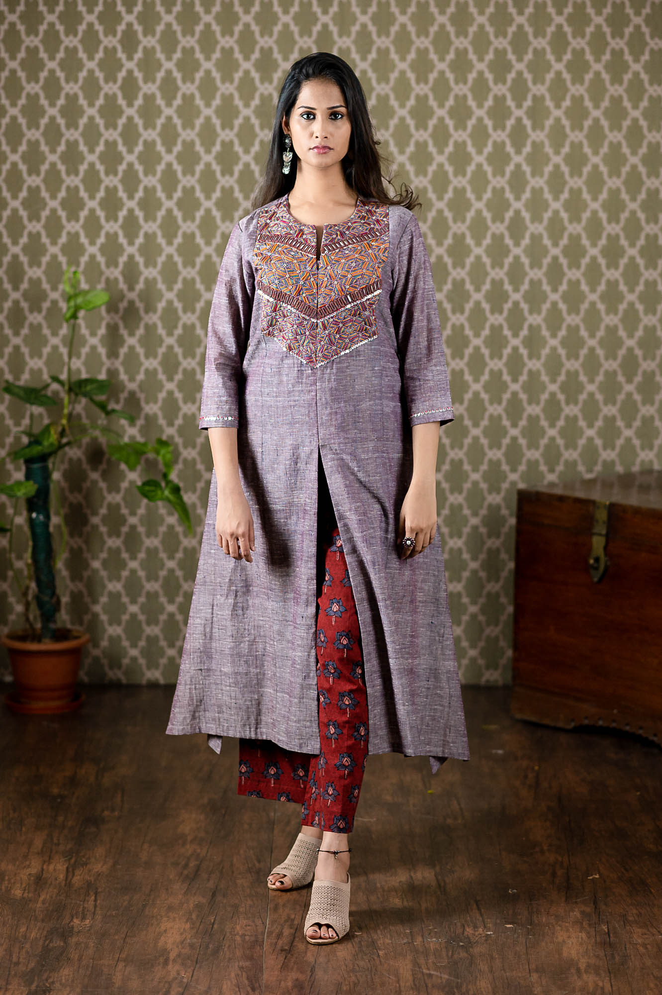 Handwoven malkha top with thread and sequin and mirror embroidery paired with ajrakh printed pants
